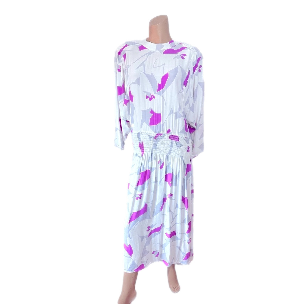 Vintage 80s Tom D’Auria White Floral Midi Dress Smocked Dropped Waist Batwing 6